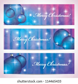 Merry Christmas banner set with sparkles, rays and bluish background