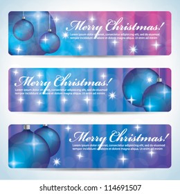 Merry Christmas banner set with sparkles and Christmas balls, blue and purple colors