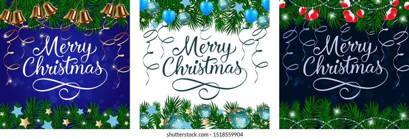 Merry Christmas banner set with swirl ribbons, fir and baubles. Calligraphy with decorative design can be used for invitations, post cards, announcements