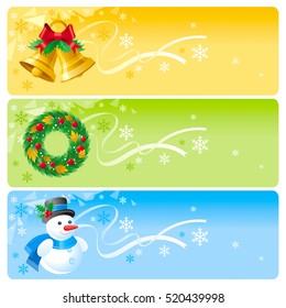 Merry Christmas banner set. Vector illustration - jingle bells, wreath, snowman icons. Holiday pattern background.