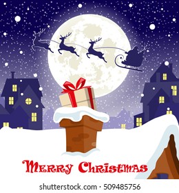 Merry Christmas banner. Silhouette of Santa Claus in sleigh with deers flying on moon background. Gift box in the chimney city rooftops. Concept poster, greeting card, flyer. Cartoon style. Vector