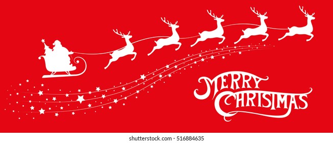 Merry Christmas banner. Silhouette Santa Claus in sleigh with deers flying on stars background. Design elements for decoration holiday poster, flyer, greeting card. Cartoon style. Vector illustration