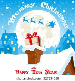 Merry Christmas banner. Silhouette of Santa Claus in sleigh with deers flying on moon background. Gift box in the chimney city rooftops. Concept poster, greeting card, flyer. Cartoon style. Vector