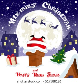 Merry Christmas banner. Silhouette sleigh with deers flying on moon background. Santa Claus stuck in the chimney city rooftops. Gift box. Concept poster, greeting card, flyer. Cartoon style. Vector