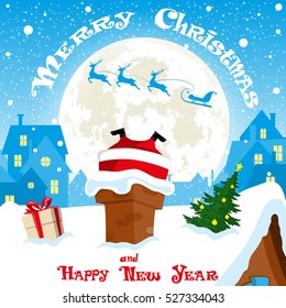 Merry Christmas banner. Silhouette sleigh with deers flying on moon background. Santa Claus stuck in the chimney city rooftops. Gift box. Concept poster, greeting card, flyer. Cartoon style. Vector