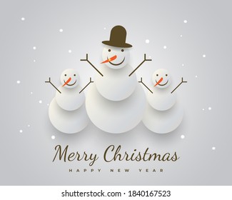 Merry Christmas banner with smiling snowman on winter background