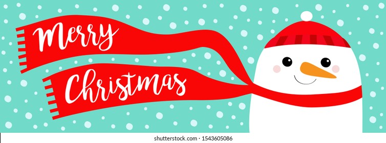 Merry Christmas banner. Snowman face head. Carrot nose, red hat, scarf. Cute cartoon funny kawaii character. Happy New Year. Blue winter snow background. Greeting card. Flat design Vector illustration