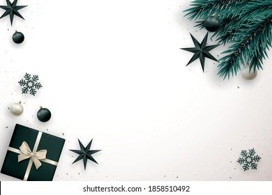 Merry Christmas banner with space for text. Elegance flat lay composition with realistic fir tree branches, 3d shiny balls, stars and gift box on white background. Stock vector illustration. 