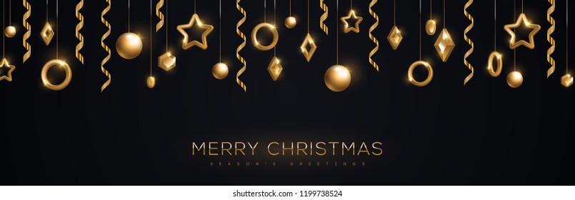 Merry Christmas banner with sparkling gold geometric baubles and streamers on black background. Vector Illustration.