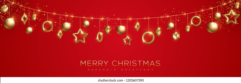 Merry Christmas banner with sparkling gold geometric baubles on red background. Vector Illustration.