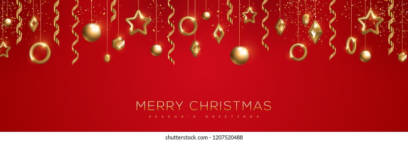 Merry Christmas banner with sparkling gold geometric baubles and streamers on red background. Vector Illustration.