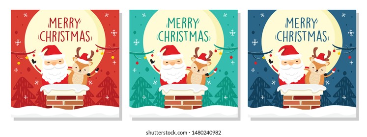 Merry Christmas Banner Square Santa Claus and Deer in Chimney Rooftop Vector on The Roof Top