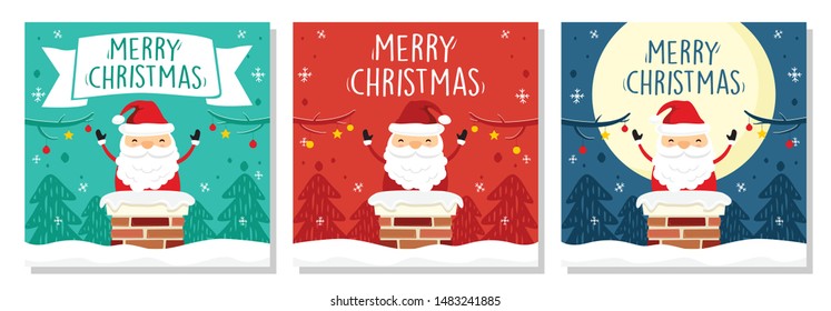 Merry Christmas Banner Square Santa Claus in Chimney Rooftop Vector on The Roof Top