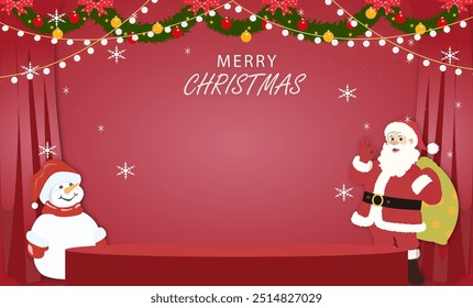 Merry Christmas banner with stage product display cylindrical shape and festive decoration for christmas
