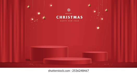 Merry Christmas banner with stage product display cylindrical shape and festive decoration for Christmas holiday