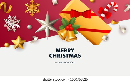 Merry Christmas banner with stars on white and red ground. Lettering can be used for invitations, post cards, announcements