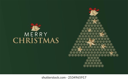 Merry Christmas Banner with Christmas Stars and Snowflakes Background Illustration. Merry Christmas 2024. Trendy Festive Banner with Christmas Bell Decorations.