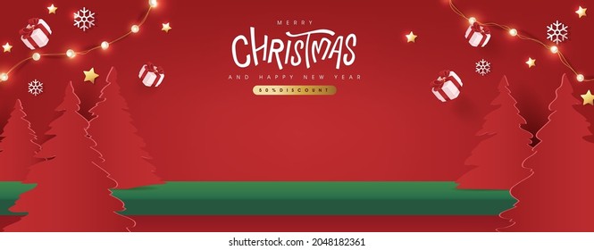 Merry Christmas banner studio table room product display with copy space 