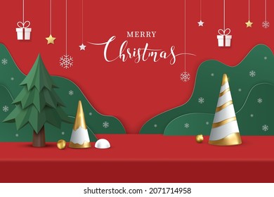 Merry Christmas banner studio table room product display with copy space