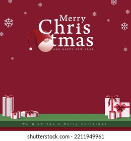 Merry Christmas banner studio table room product display with copy space and gift box decoration red background
