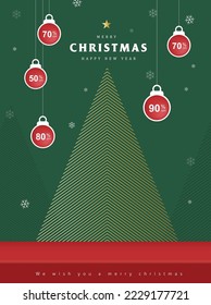 Merry Christmas banner studio table room product display with copy space and christmas tree tag discount hanging