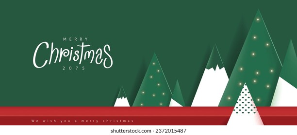 Merry Christmas banner studio table room product display with copy space and christmas tree abstract background