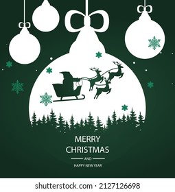 Merry Christmas banner. Stylish card for winter holidays. Santa on sleigh with reindeer flies in reflection of Christmas tree decoration ball. Tradition and fantasy. Cartoon flat vector illustration