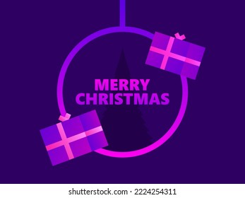 Banner navideño con sintetizador y estilo reondas. Esquema de una bola de navidad colgante con cajas de regalo 3d. Diseño festivo para tarjetas de felicitación, material promocional y banner. Ilustración del vector