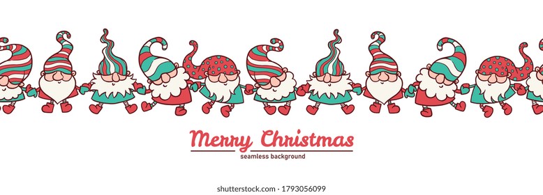 Feliz patrón de banner navideño con lindos gnomos bailando o enanos, ilustración vectorial de dibujos animados. Plantilla para tarjeta de Navidad o afiche con caracteres graciosos.