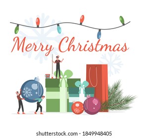 Merry Christmas banner template. Cute little elves bring Christmas tree balls and painting for the Christmas holidays. Happy New Year and Merry Christmas vector flat card design.