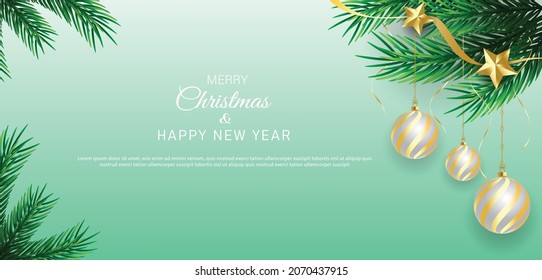 Merry christmas banner template design with decorative christmas light and star. vector illustration.