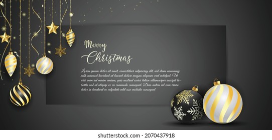 Merry christmas banner template design with decorative christmas light and snowflakes. vector illustration.