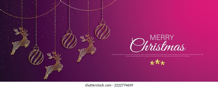 Merry christmas banner template design with decorative christmas light. vector illustration.