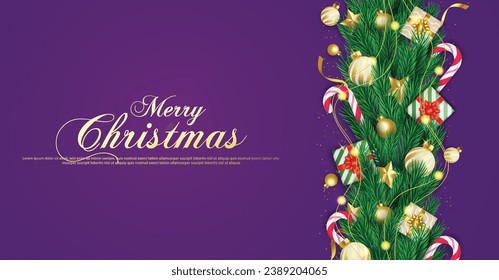 Merry christmas banner template design with decorative christmas light and star. vector illustration.