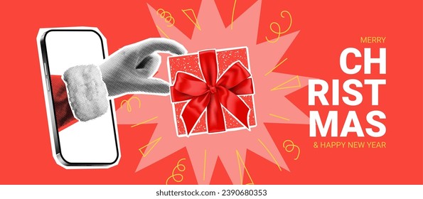 Merry Christmas banner template. La mano de Santa Claus se pega del teléfono y sostiene la caja de regalo. collage de Navidad o Año Nuevo con la mano de efecto de medio tono. Ilustración vectorial con doodles dibujados a mano.