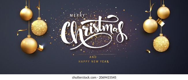 Merry Christmas banner template with hanging Christmas toys on dark background.  Xmas greeting card concept