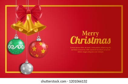 Merry Christmas banner template with illustration of bauble ball and bell