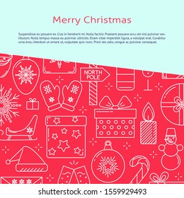 Merry Christmas banner template in line style with place for text. Background with holiday symbols and elements. Vector illustration.