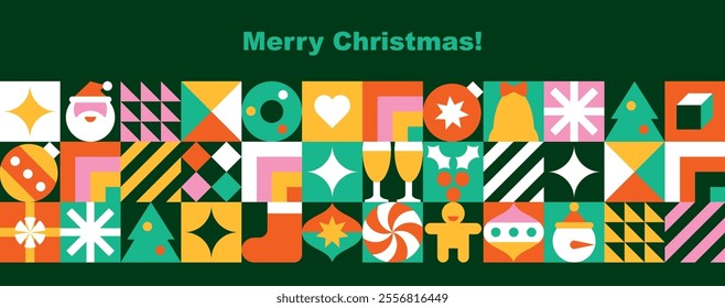 Merry Christmas banner template. Modern design in simple geometric flat style. Bauhaus. Set of abstract icons. Seamless pattern. Happy holidays. Winter wishes. Vector illustration.