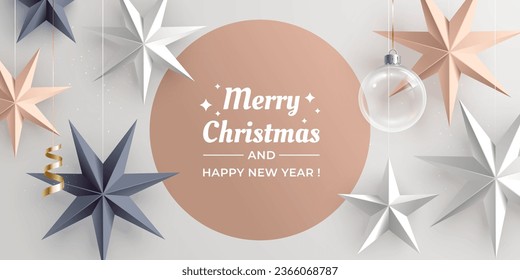 Merry Christmas banner template. Realistic light grey background with Christmas decorations - hanging Moravian stars of different colors, transparent glass ball. Ideal for greeting card, web, promo.