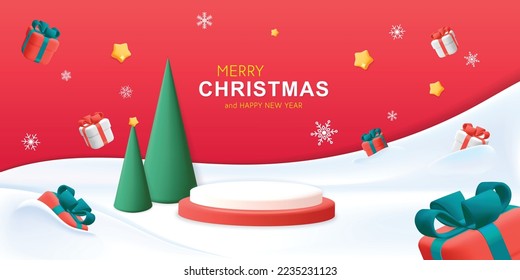 Merry patrón de banner navideño con pódiums de escenario rojo cone diseño de pinos. 3d vector Cartoon representa regalo de paisaje de invierno presente dentro del concepto de póster de deriva de nieve.