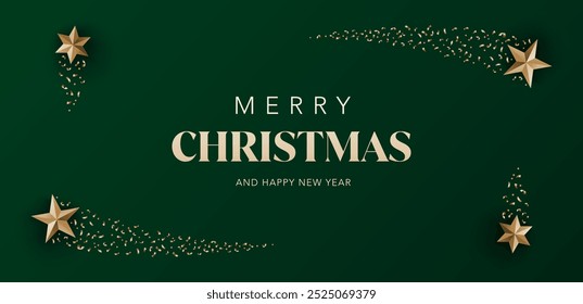 Merry Christmas banner template with stars, confetti and green background. Vector for xmas, new year, holiday season, greeting card, promotion, sale, flyer, brochure, website, social media, ads.