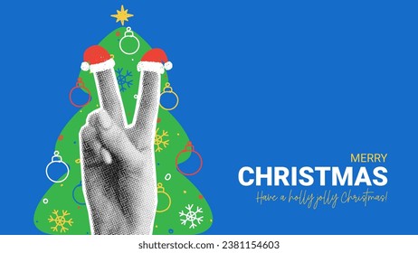 Merry Christmas banner template. Ilustración vectorial con mano media que muestra el gesto V con sombreros de Santa Claus en los dedos. Cartel de Navidad para la decoración saludo de vacaciones con doodle dibujado a mano.