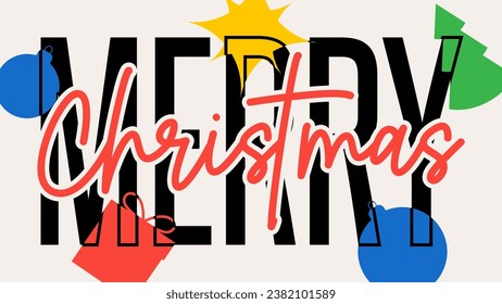 Merry Christmas banner template. Vector illustration with contemporary typography lettering and Christmas symbols. Modern minimal design for decoration greetings, banners, headers of website, cards. 