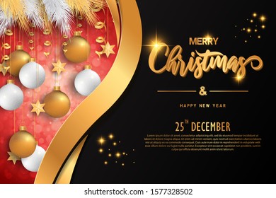 Merry Christmas banner with Christmas tree, balls, star, ribbons Hanging and Christmas Golden text. Great for flyers, posters, card. Vector illustration.