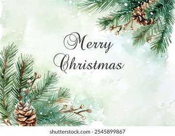 Merry Christmas banner with Christmas tree branches and cones in watercolor style. Christmas greeting card with Christmas tree branches. 