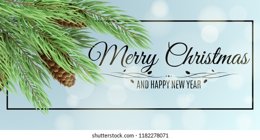 Merry Christmas banner. Christmas tree with cones. Glares bokeh. Vector illustration. Black frame with text. Winter background for your projects. EPS 10