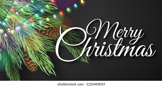 Merry Christmas banner. Christmas tree with cones. Glowing multicolored garland. Calligraphic text. Vector illustration. EPS 10
