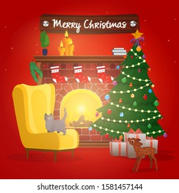 Merry Christmas banner. Christmas tree, Fireplace with bonfire. Armchair by the fireplace with a cat and a Christmas tree. New Year red poster vector.