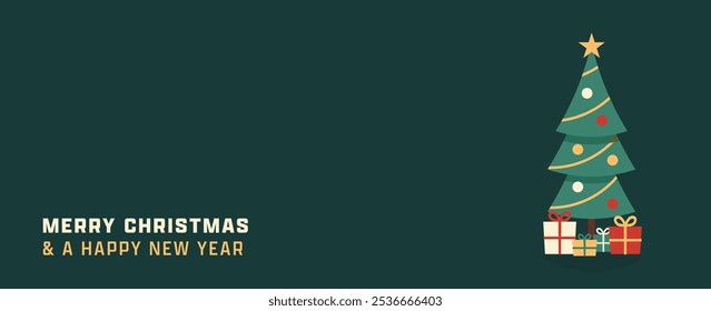 Merry Christmas Banner with Tree and Gifts. Holiday Greeting Card Design for xmas and happy new year. Green horizontal vector background